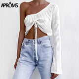 Aproms Sexy One-Shoulder Ruched Sweater Women Casual Flare Sleeve Drawstring Knitted Pullovers Streetwear Gray Soft Basic Top