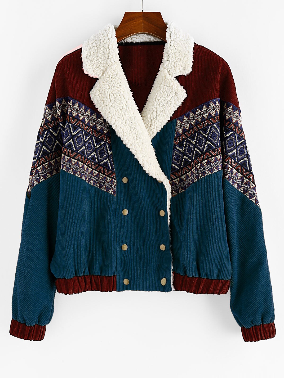 Billlnai Jacket Coats Women Vintage Outwear Tunic Double Breasted Tribal Print Faux Shearling Panel Corduroy Jacket For Fall Winter