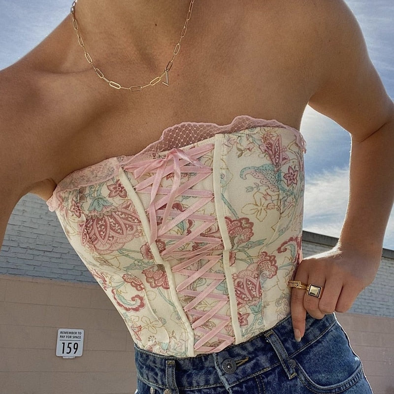 Billlnai  2023 Pink Lace-up Corset Top Sleevless Off Shoulder Strapless Tube Top Sexy Women 90s Vintage Printed Crop Vest Aesthetic Clothes