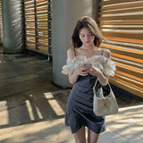 Billlnai 2023 Lace Elegant Mini Shirt Dress Women One Shoulder Elegant Strap Dress Office Lady Party Evening One Piece Dress Korea  Summer