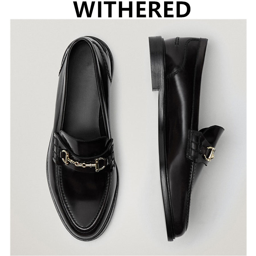 Christmas Gift Withered New Egnland Style Fashion Vintage Metal ring buckle Genuine Leather Slip-On Loafers Women Shoes Woman Flat Shoes Women