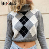 Bold Shade Street Style Indie Fashion Jumper Sweaters Turtleneck Argyle Thick Women Grunge Sweater Y2K Style Outfits Winter 2023