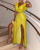Billlnai  Graduation Party Women Summer Party Wear Sexy Glitter V-Neck Sleeveless Yellow Midi Long Maxi Dress Fashion Streetwear Night Club Robes Ball Gown