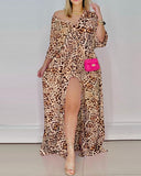 2023 Autumn Striped Leopard Print Shirt Maxi Dress Women Casual Button V Neck Long Sleeve Split Elegant Party Beach Dresses Robe