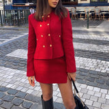 2023 Tweed Women Two-Piece Set Dark Red Vintage Office Lady Double Breasted Blazer Female Slim High Waist Mini Skirt Suit