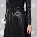 Billlnai Sexy O-Neck Belt Faux PU Leather Dresses Autumn Winter Long Sleeve Night Club A-Line Party Dresses For Women 2023