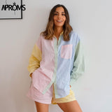 Aproms Elegant Multi Stripes Pink Pocket Oversized Long Shirt Women Summer 2023 High Fashion Long Sleeve Loose Shirts Casual Top