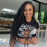 2023 Women Trendy Letter Print T-Shirt Summer Y2k  Round Neck Hollow Out Cross Bandage Exposed Navel Shirt Chic Crop Top