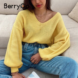 BerryGo Autumn winter lantern sleeve women za sweater Sexy V neck knitted pullover female Solid color loose jumper 2023 new