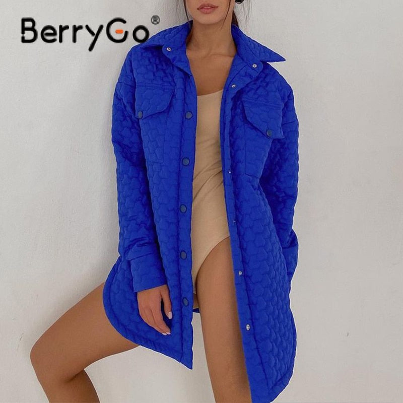 BerryGo Elegant royal blue Za parka women winter jacket Long sleeve lapel sashes fashion jacket coat Casual loose pocket outwear
