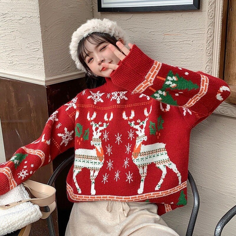 Billlnai  2023  Woman Christmas Sweaters Reindeer Elk Winter Knitted Sweater Femme Loose Tops Crewneck Xmas Sweaters Pullovers Jumpers