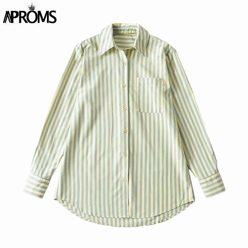 Aproms Elegant Striped Print Front Pocket Buttons Oversized Shirt Women 2023 Cool Style Autumn Fashion Shirts Female Long Top