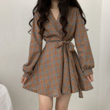 Billlnai  2023  New Autumn Elegant Long Sleeve Dress Women Preppy Style Bow Palid V-neck Mini plaid Dresses Korean High Waist A-Line Short Dress