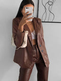 Billlnai 2023 Solid Brown PU Leather Jackets Women Vintage Elegant Fashion Single Breasted Autumn Coats High Street Office Outwear