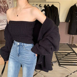 Billlnai  2023  Autumn New Sexy Knitted Wrap Chest Vest knitted Suit Elegant Retro V-Neck Long-Sleeved Cardigan Solid Sweater Top Two Piece Set