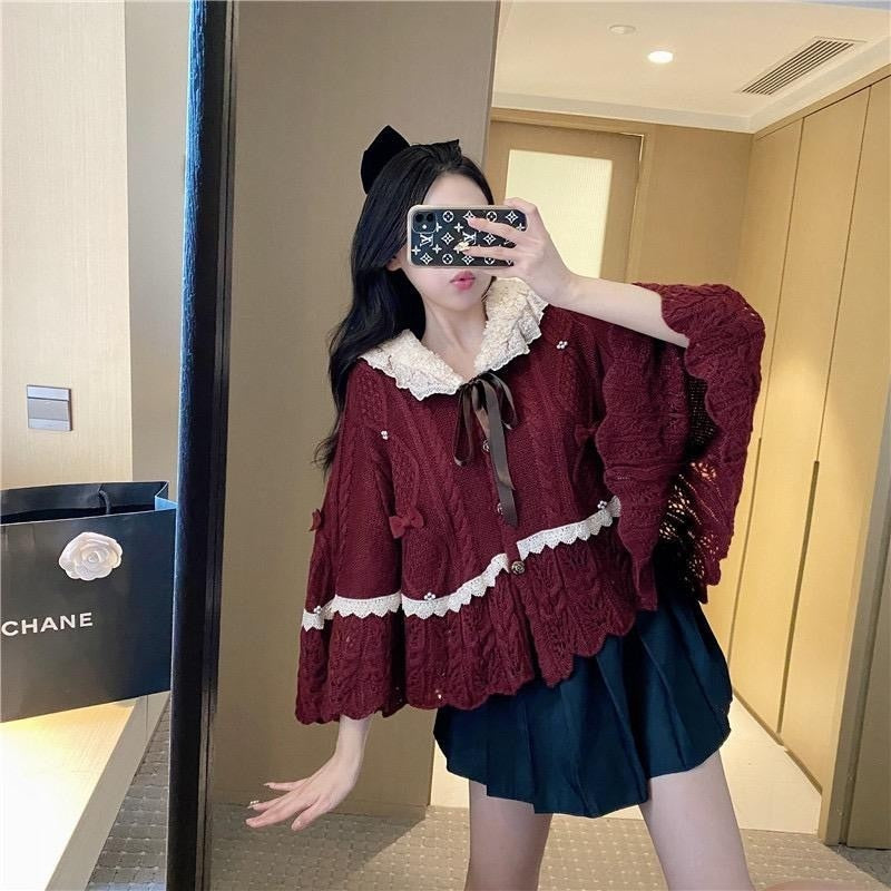 Japanese vintage sweater spring and winter sweet and lazy twist cape knitted cardigan jacket shawl
