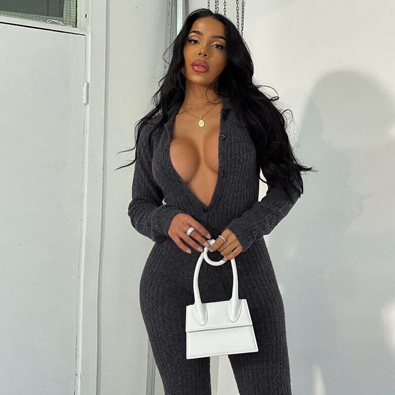 Tossy Ribbed Knitted Bodycon Jumpsuit Long Sleeve Skinny Sexy Two Piece Set Women Fall Outfits Female Fitness Rompers Overalls