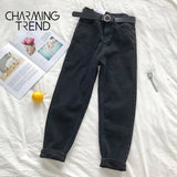 Women‘s Jeans Pant Black Korean Crop Jeans Girls Students Vintage Solid Long Pants Fit Female High Waist Denim Pants Women