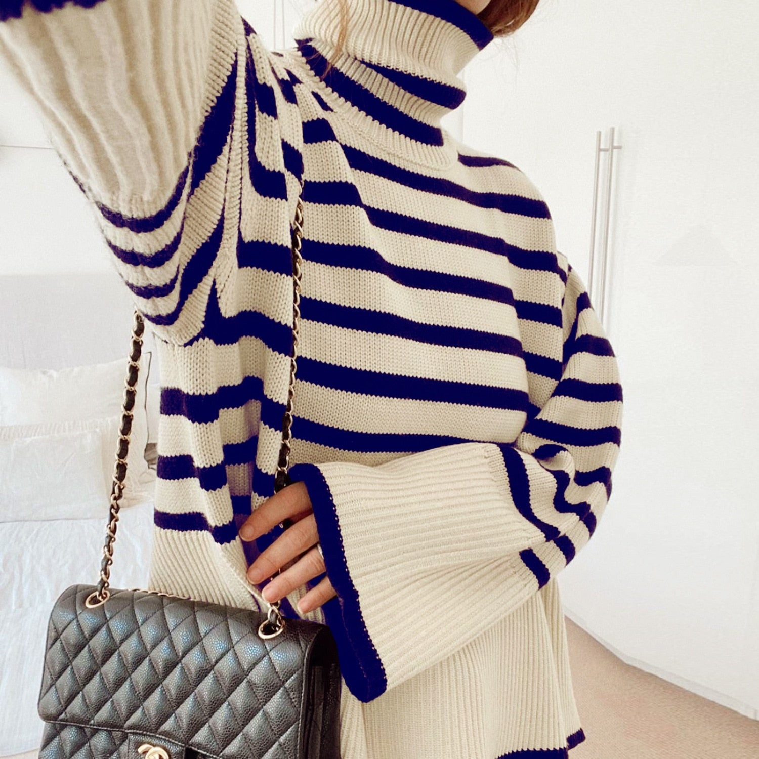 Tossy Casual Striped Turtleneck Sweater Oversized Pullover Women Loose Long Sleeve Tops 2023 Fall Winter Knitted Outwear Jumper