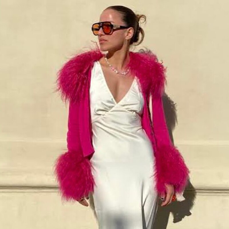 Billlnai Autumn 2023 Fur Trim Cute Y2K Cardigan Jackets Women Single Breasted Elegant Fashion HighStreet Long Sleeve Sweats Tops