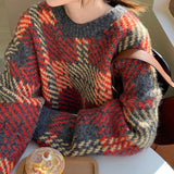2023 Winter Vintage Knit Female Pullovers Oversize Long Sleeve Patchwork Women Sweater Korean Loose Woman Sweaters Clothing