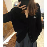 Creative embroidery thin cashmere knit cardigan women fall loose lazy v-neck sweater coat black cardigan