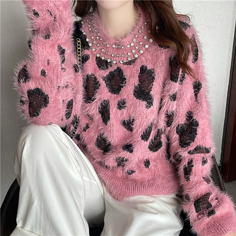 Beading Leopard Short Knit Sweater Women Autumn Winter O-Neck Oversized Pullover Korean Loose Jumper Female Casual Sweaters Top