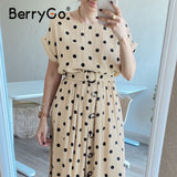 BerryGo Casual High Waist Bat Sleeve Dress with Belt Elegant Polka Dot Print O-neck Women Dress Summer 2023 Office Lady Vestidos