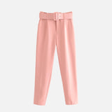 Women's Pants High Waist With Belt Classic Pockets Office Lady Ankle-length Trousers Female 2023 Spring Fashion Pink Harem Pants