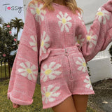 Billlnai Knitted Women's 2 Piece Sets Outfits Casual Pink Floral Sweet Oversized Sweater Suit With Shorts For Women 2023 Tracksuit