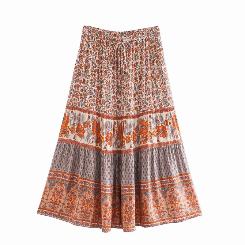 Jastie 2020 Summer Skirt Women Paisley Floral Print Skirts Casual Vintage A-Line Beach Skirt saia Jupe Femme faldas Midi Skirts