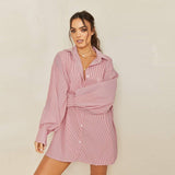 Tossy Women Casual Shirts Oversized Bodyfriend Style Outwear Summer Lantern Sleeve Long Shirt Coat Pink Stripe Loose Top Blouse