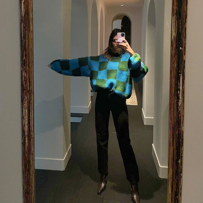 Cryptographic Autumn Winter Knitted Checkered Loose Sweaters Women Fashion Long Sleeve Top Pullover Streetwear Sweater Oversized