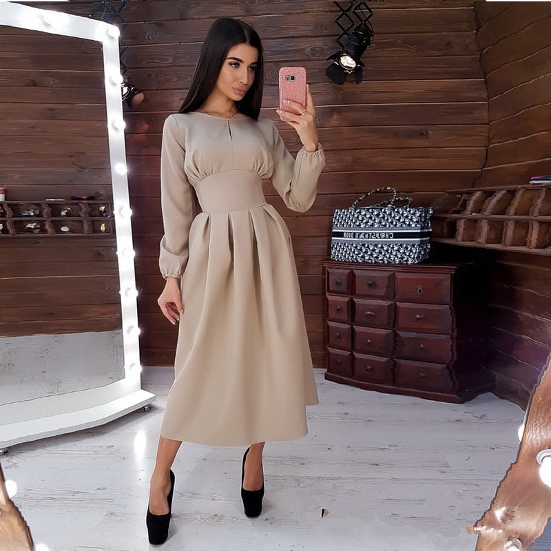 Billlnai Women Vintage Hollow Out A-line Party Long Dress Long Sleeve O neck Solid Elegant Casual Dress 2019 Autumn New Fashion Dress