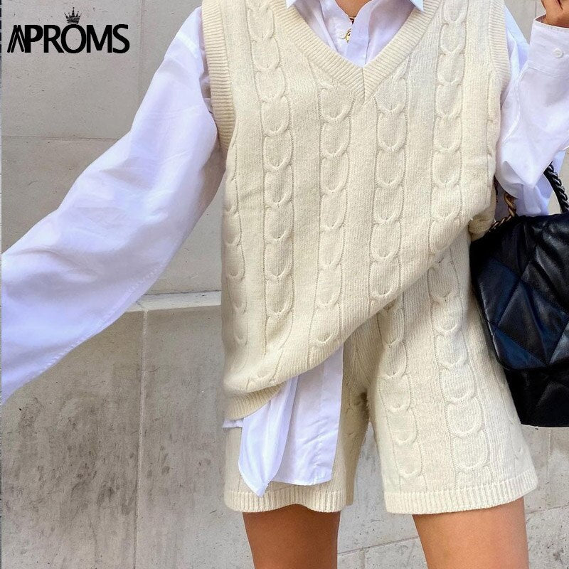 Aproms Elegant 2 Piece Set Knitted Thick Vest and Shorts Women 2023 Winter Streetwear Oversized Sweater Pullovers Female Suits