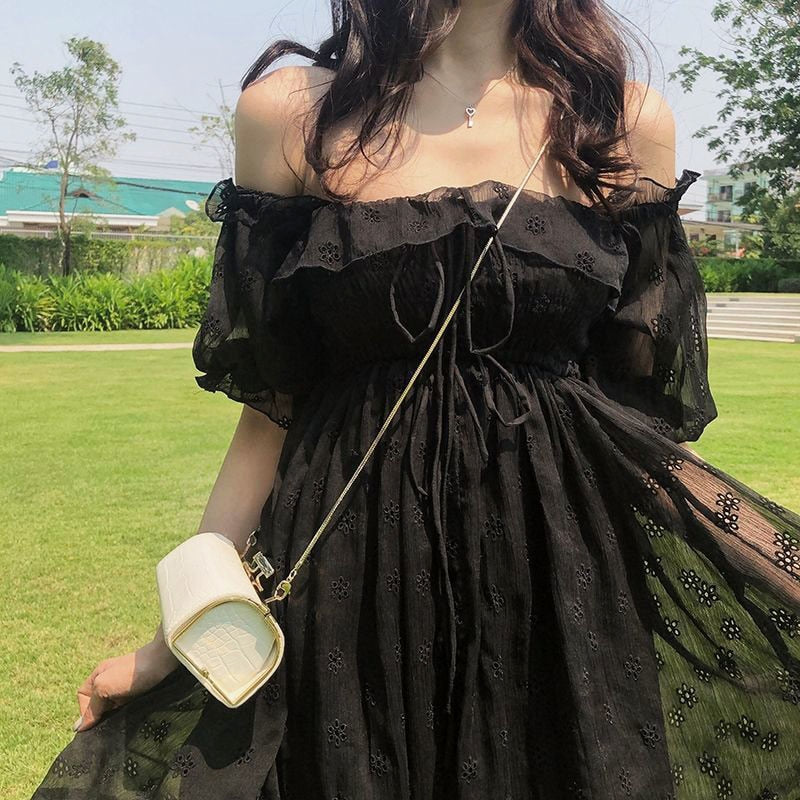 Billlnai  2023  Puff Sleeve Casual Black Dress Women Square Collar Elegant Dress Evening Party Gothic Dress for Females Korean Style  Summer
