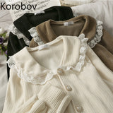 Korobov Korean Vintage Lace Patchwork Female Shirts Office Lady Elegant Peter Pan Collar Blusas Mujer Single Breasted Blouses