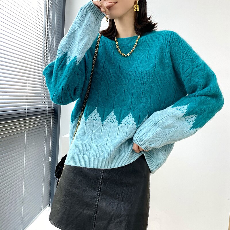 Loose Lazy Style Hit The Color Pullover Women's Winter 2023 New Korean Knit Tops O-Neck Long Sleeves Sweater Knitting pull femme