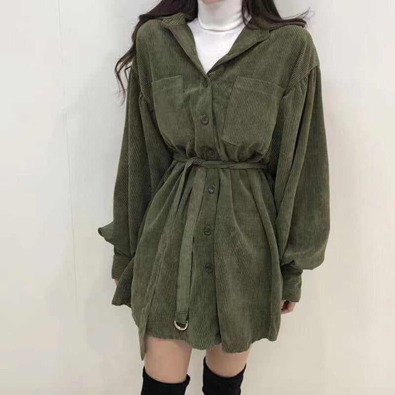 Women Vintage Front Pockets Sashes A-line Dress Lantern Sleeve Turn Down Collar Solid Party Dress 2023 Winter Casual New Dress