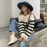 Billlnai 2023 Graduation party  Horizontal Striped White Sweater Stand Collar Batwing Sleeve Female Casual Loose-fitting Pullover 2023 Woman Office Lady