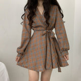 Billlnai  2023  New Autumn Elegant Long Sleeve Dress Women Preppy Style Bow Palid V-neck Mini plaid Dresses Korean High Waist A-Line Short Dress