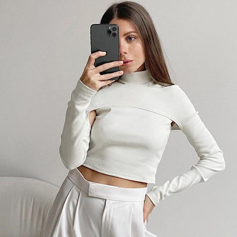 Knitting Hollow Out Sweater Women Long Sleeve Turtleneck Solid Office Lady Crop Top Sexy Slim Off Shoulder T Shirt 2023 New