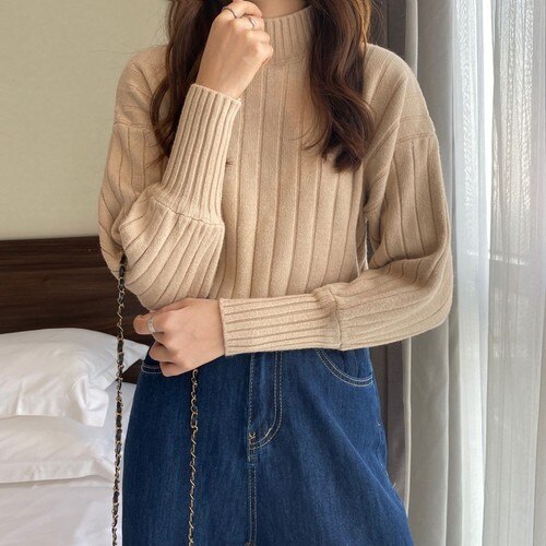 Women Pullover 2023 Fall New Lazy Lantern Sleeve Solid Color Simplee Half High Neck Knitted Sweater Fashion Casual Top
