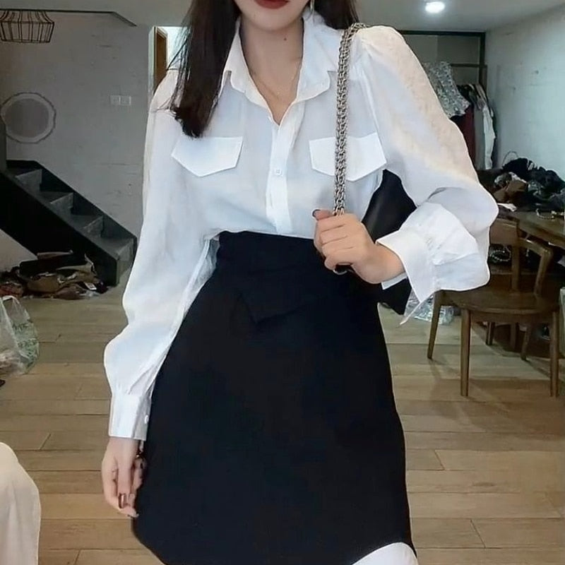 2 Piece Dress Set Women Long Sleeve Blouse + Y2k Mini Skirts Fashion Suits Office Lady Korean Fashion Clothing 2023 Autumn Chic