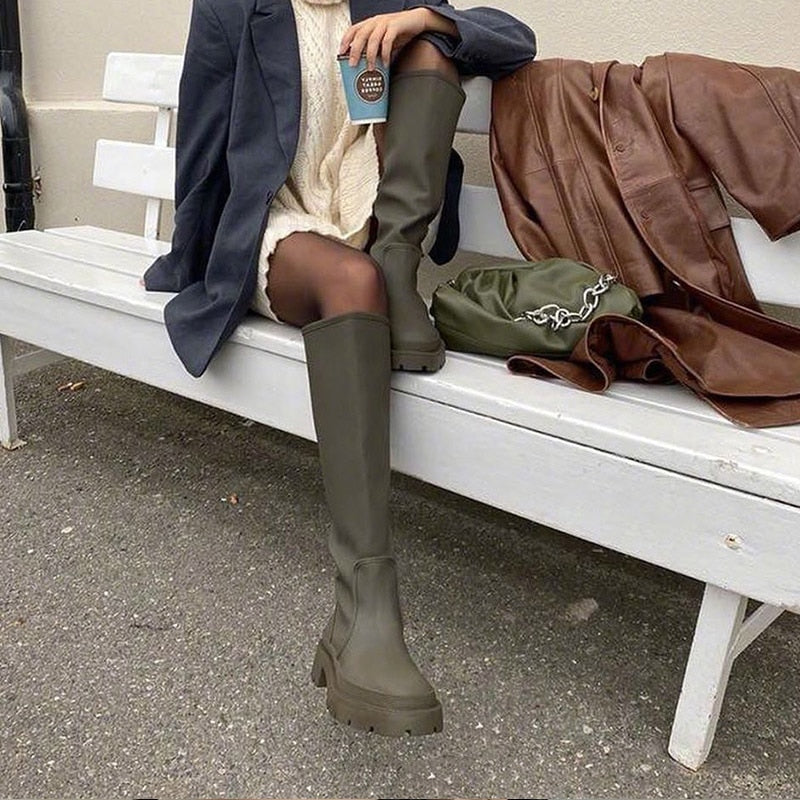 New round toe platform women knee boots slip on casual chunky heel women long boots