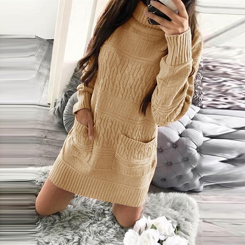 Women Casual Front Pockets Knitted Sweater Dress Long Sleeve Turtleneck Solid Warm High Street Mini Dress 2023 Winter Dress