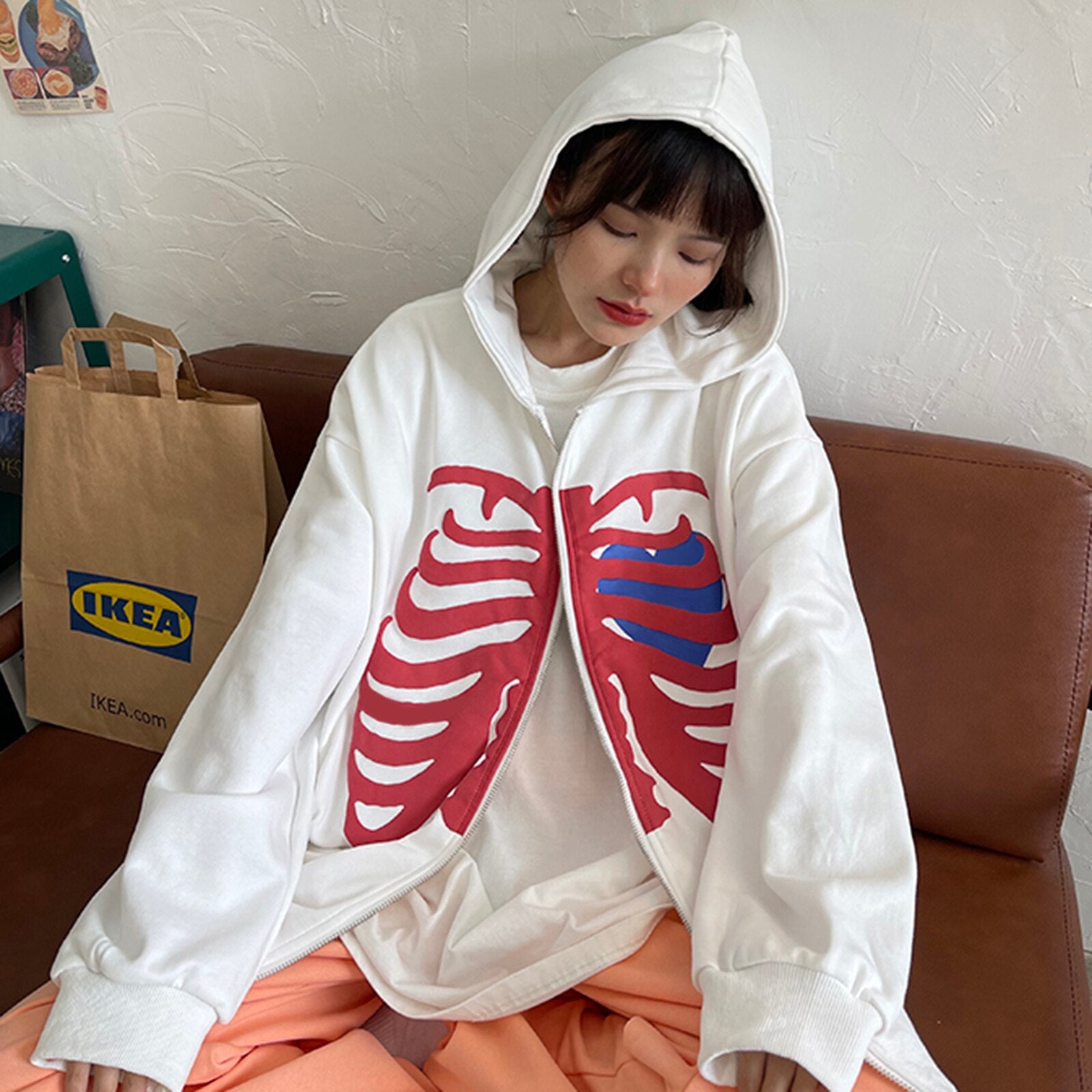Billlnai  2023  Women Skeleton Printing Oversized Y2K Zipper Sweatshirt Long Sleeve Sweatshirts Harajuku Aesthetic Jackets Coat Streetwear