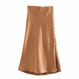 Billlnai Withered ins fashion blogger vintage solid satin buttons forking sexy midi skirt women faldas mujer moda long skirts womens