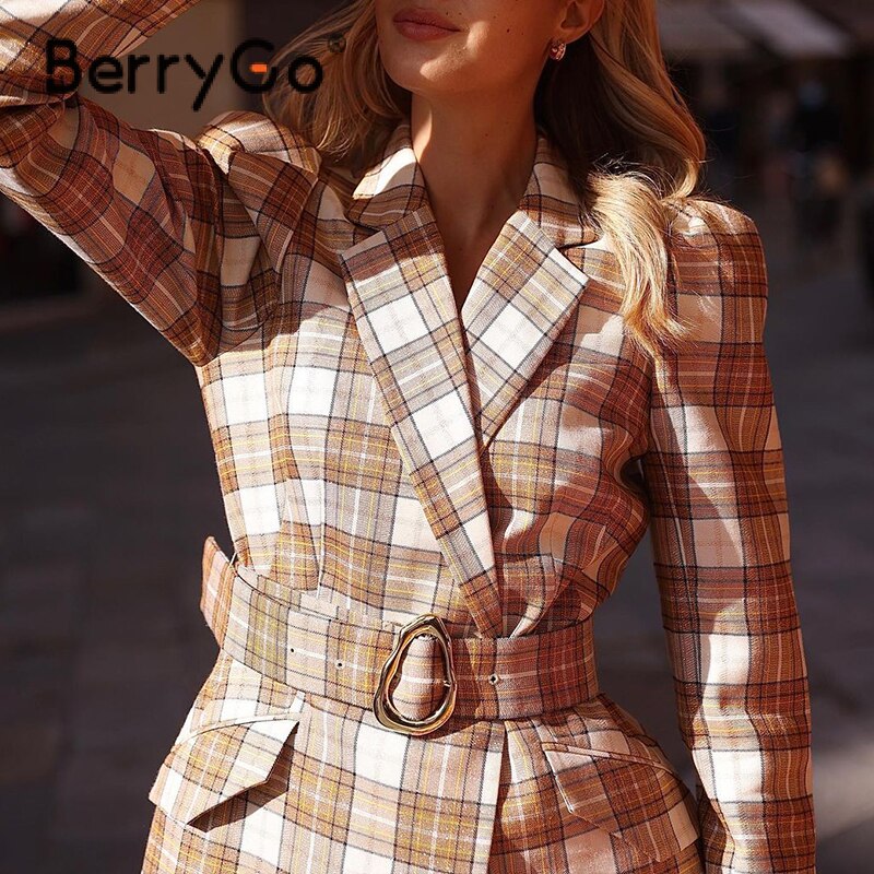 BerryGo Za shirt collar plaid suit blazer women Office lady plaid autumn blazers long sleeve Elegant button female fashion coats
