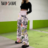Bold Shade Graffiti Print Skater Sweatpants Elastic Waist Wide Legs Grunge Fashion Loose Pants Streetwear Indie Women Trousers